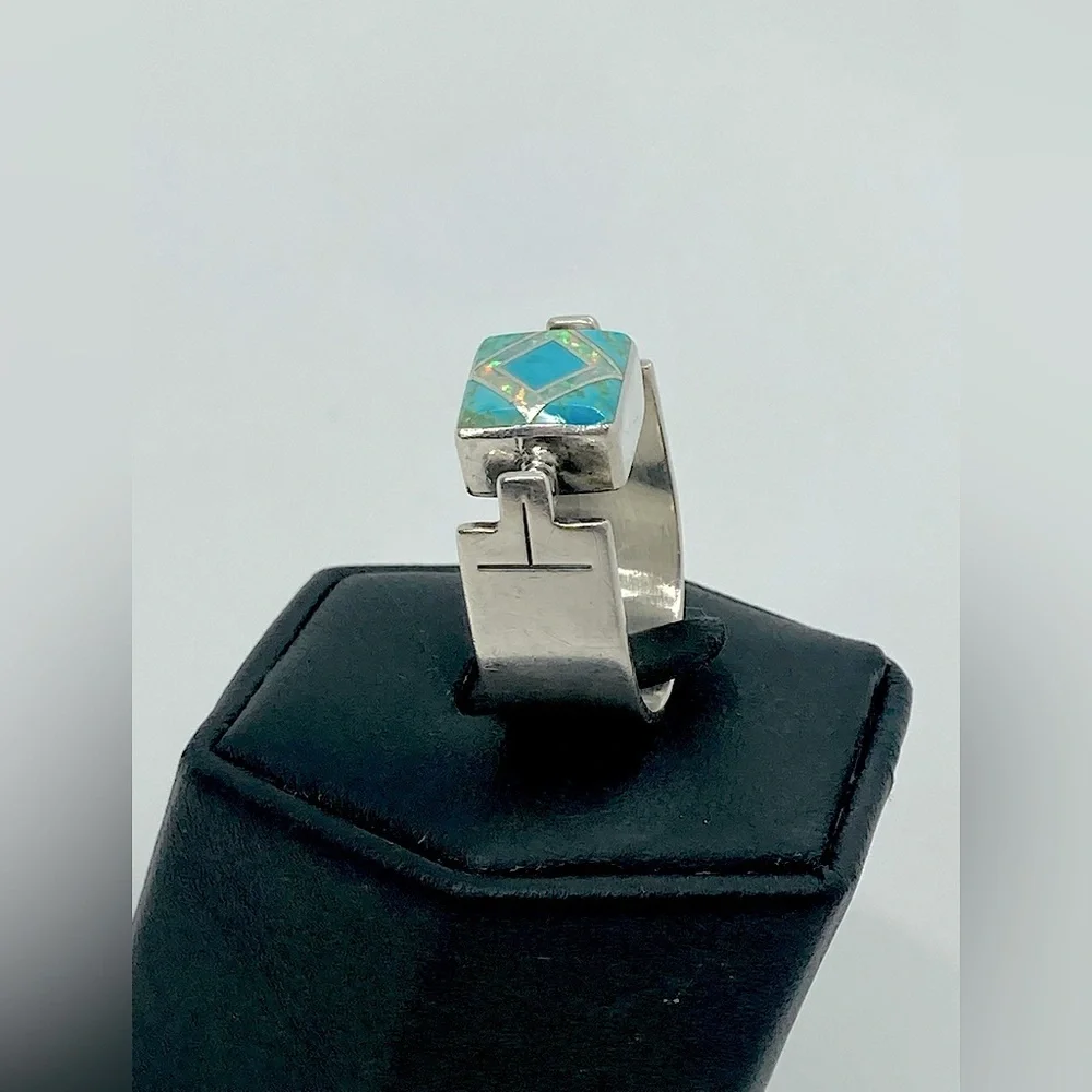 Vtg Navajo Sterling Turquoise & Opal Wide Modernist Style Ring Sz 7.5 Ann Curley - Picture 7 of 13